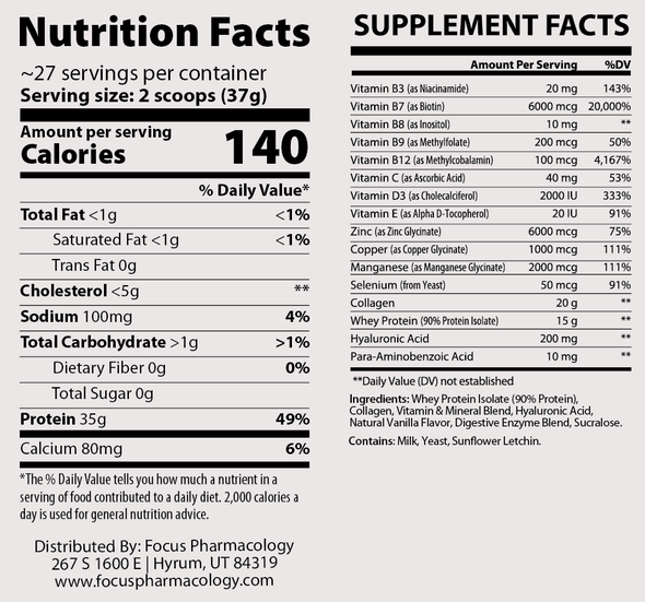 Focus Pharmacology Hair, Skin, & Nails (HSN) Whey Protein Isolate + Collagen
